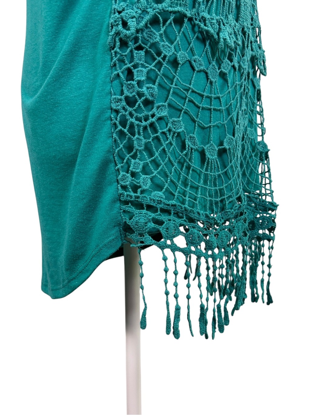 Signature Studio Teal Crochet Lace Fringe Boho Tunic Top M - Picture 5 of 11